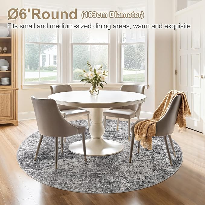 DMOYEST 6ft Round Area Rug Living Room Rugs - 6x6 Washable Large Soft Indoor Neutral Modern Abstract Low Pile Rug Carpet for Bedroom Dining Room Farmhouse Home Office - Grey