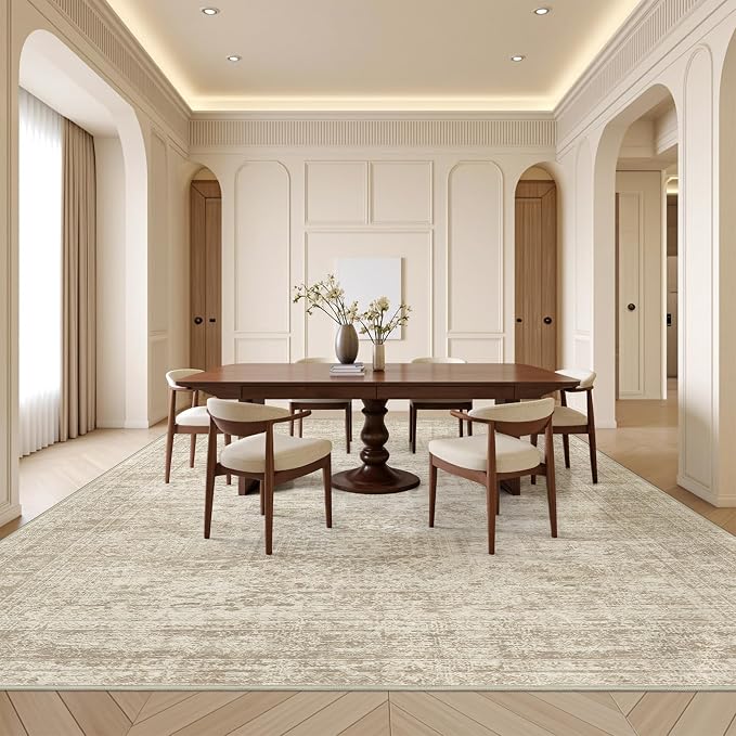 8x10 Area Rugs for Living Room,Large Washable Rug,Beige | Rugs for Bedroom,Dining Room,Office,Low Pile,Soft, Neutral Rug,Stain Resistant Indoor Carpet,Non Slip,Home Decor