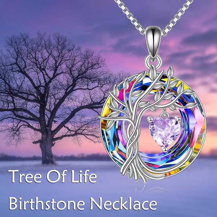 POPLYKE Mothers Day Gifts for Mom Her Wife Tree of Life Necklace 925 Sterling Silver Birthstone Pendant with Crystal Anniversary Birthday Wedding Jewelry for Women