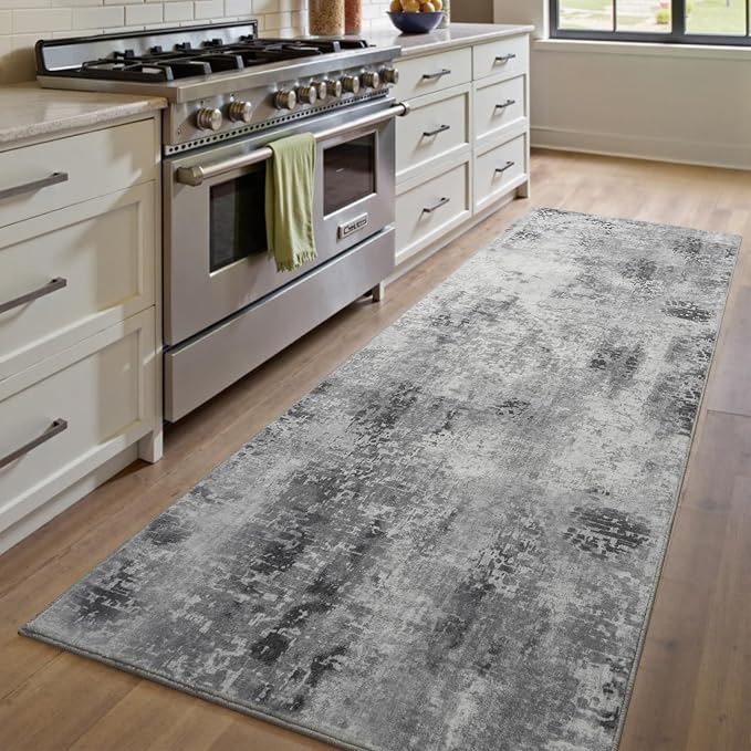 Kelarea Washable Runner Rug, 2x6 Grey Kitchen Rugs Runner with Rubber Backing, Abstract Non-Slip Carpet Runners for Hallways, Kitchen, Bedroom, Laundry, Entrance