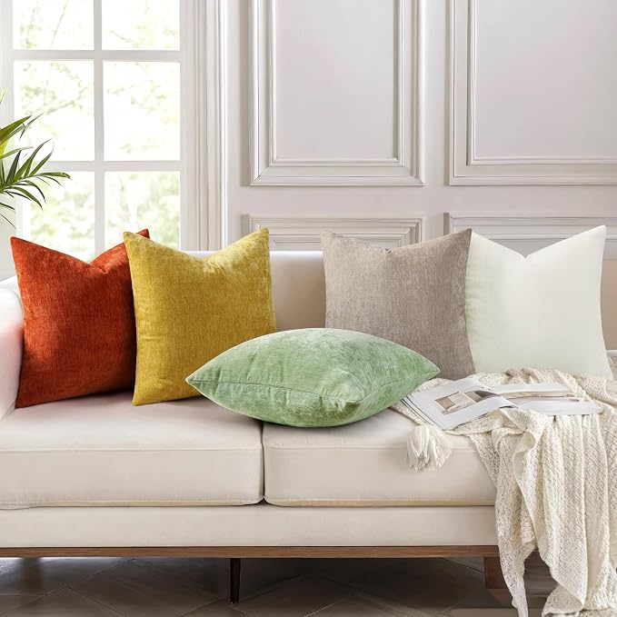 decorUhome Soft Chenille Cream White Throw Pillow Covers 22X22 Set of 2 | Decorative Fall Couch Pillow Covers Solid Dyed Accent Modern Euro Sham Farmhouse Neutral Square Pillow Cases for Sofa