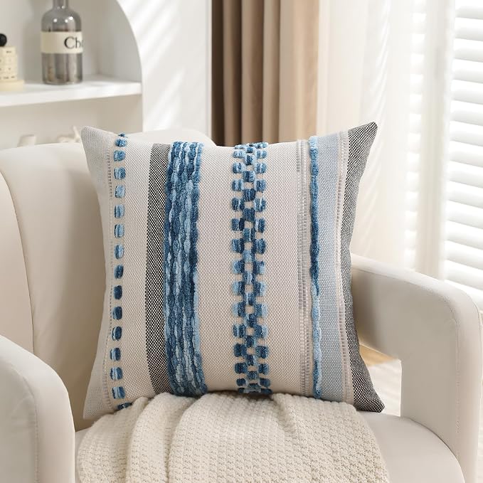 Boho Pillow Covers 18x18 Set of 2 for Couch-Modern Farmhouse Sofa Decorative Blue Throw Pillow Covers Textured Chenille Cushion Covers Outdoor Netural Bohemian Pillow Cases Square