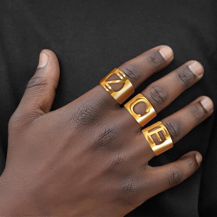 KeyStyle Bold Initial Letter Rings Adjustable, GoldChic Jewelry Women Gold Statement Ring Personalized Engraved Women’s Open Signet Ring for Party (Gold, White Gold, Black)