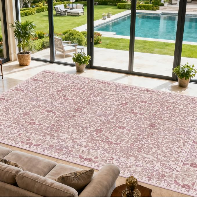 Area Rug for Living Room, 10x12 Large Washable Rugs for Dining Room, Bedroom, Non Slip Stain Resistant Carpet, Low Pile Vintage Floral Rug (Pink)