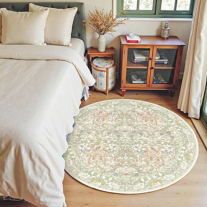 Lunasun Sage Green Round Nursery Rug 5ft - Pastel Circular 5x5 Rug for Kids Room, Living Room, Bedroom, Playroom, Home Office, Washable Non Slip Cozy French Country Style Aesthetic Room Decor