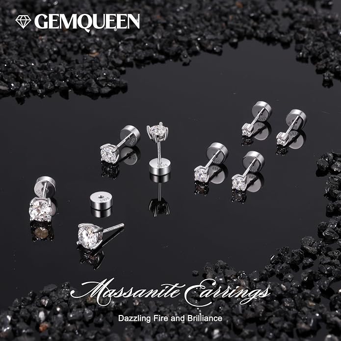 GEMQUEEN 3/4 Pairs Moissanite Earrings Studs 14K Gold Plated S925 Sterling Silver Flat Back Earring for Women Men - Hypoallergenic Set Cartilage Helix Piercing Jewelry Trendy D Color VVS1