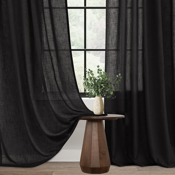 Black Linen Curtains 108 inches Long for Bedroom Back Tab Light Filtering Privacy Semi Sheer Black Curtains Living Room Boho Rustic Farmhouse Cotton Textured Gauze Curtain 2 Panel Set
