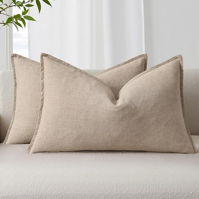 decorUhome Fall Natural Linen Throw Pillow Covers 12x20 Set of 2 | Decorative Soft Cozy Modern Farmhouse Boho Accent Pillow Cases with Flange Edges for Couch Bed Sofa Living Room Home Decor
