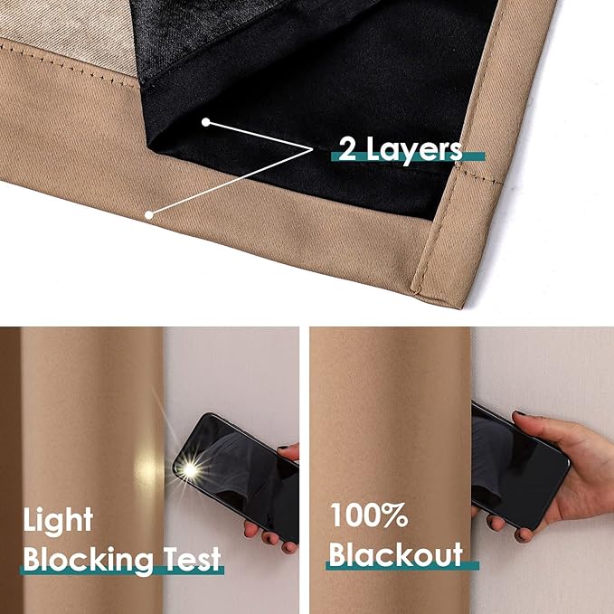 ChrisDowa 100% Blackout Curtains for Bedroom 2 Panels Set with Black Liner | 2 Thick Layers, Thermal Insulated, Light Blocking, Grommet, Window Treatment, Living Room Drapes, Cappuccino, 52 x 45 Inch