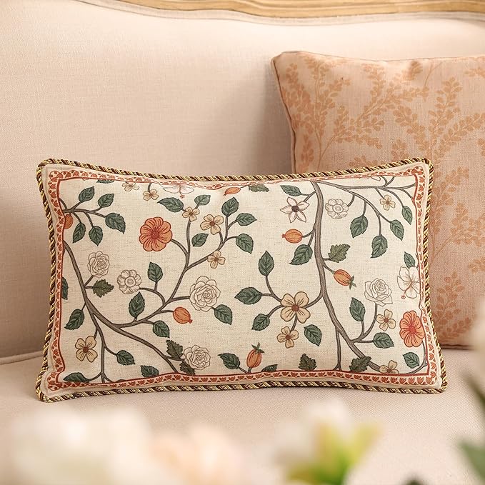 ISAENNE Designer Elegant Linen Throw Pillow Cover,Set of 2,20"x12"-Flora A | French Rectangle Decor Pillow Cover,Concealed Zipper Design,Floral Pattern,Sofa,Bedroom,Living Room,Lounge Chairs