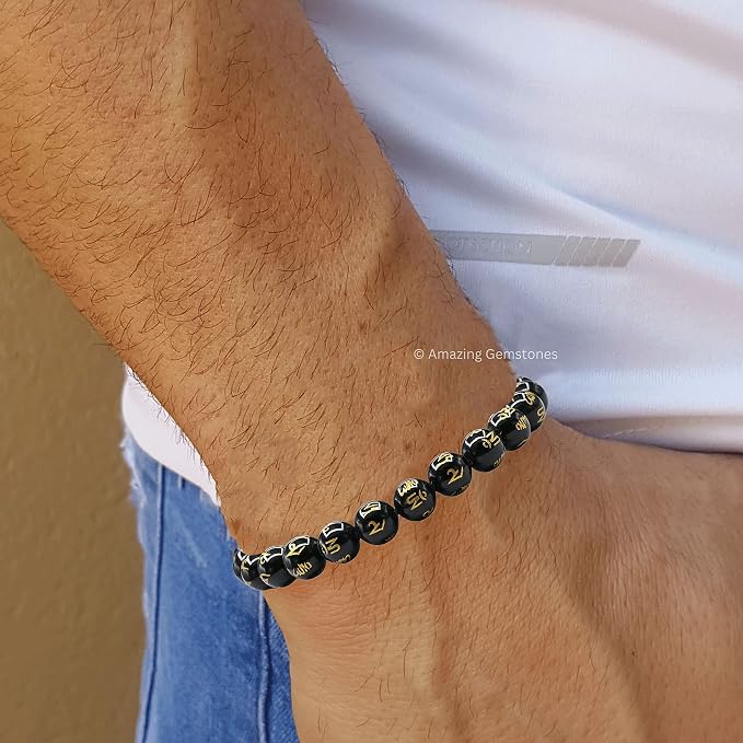 Amazing Gemstone Om Mani Black Agate Bracelet for Women Men's Gifts - Protection Healing Crystal Bracelet - 8mm Gemstones Beaded Adjustable Bracelet Pulseras para Hombres Mujer Stocking Stuffers