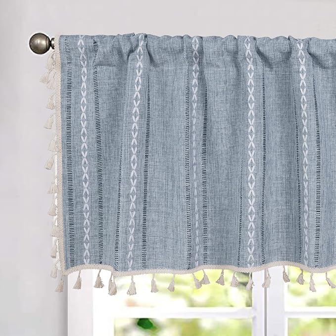 ColorBird Kitchen Short Curtains，52 x 18 inch Blue Striped Valance Curtains Light Filtering Drapes, 1 Panel Embroidered Kitchen Basement Window Curtains Over Sink for Oven Laundry RV Camper Cafe