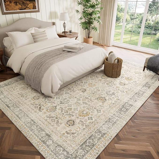 Boho Washable 8x10 Area Rugs for Living Room, Cushioned, Beige/Grey | Vintage Non-slip Neutral Oriental Rugs for Bedroom Dining Room Nursery Office High Traffic Area