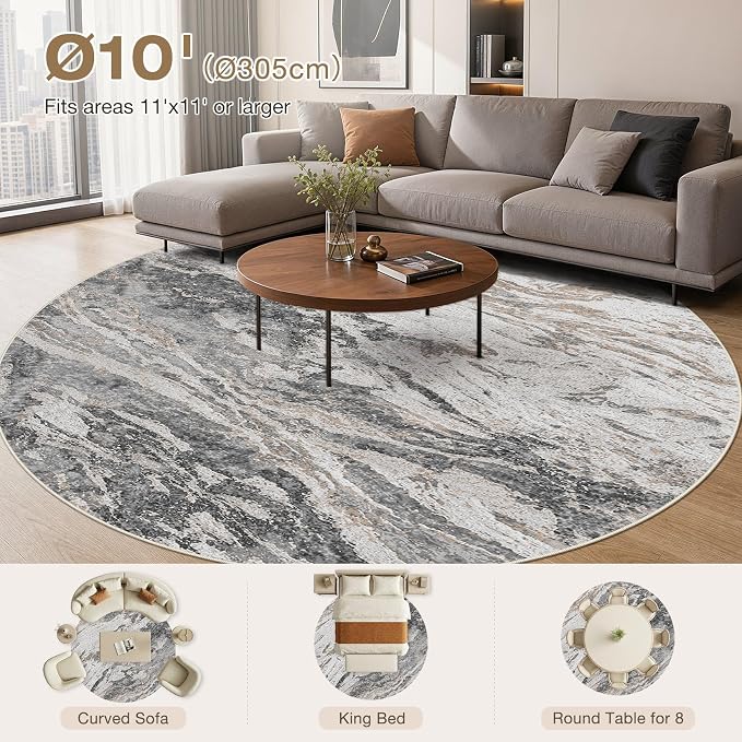 Area Rugs for Living Room: 10ft Round Abstract Washable Rug Modern Neutral Large Soft Stain Resistant Non-Slip for Bedroom Dining Room Indoor Home Office Carpet - Tapue