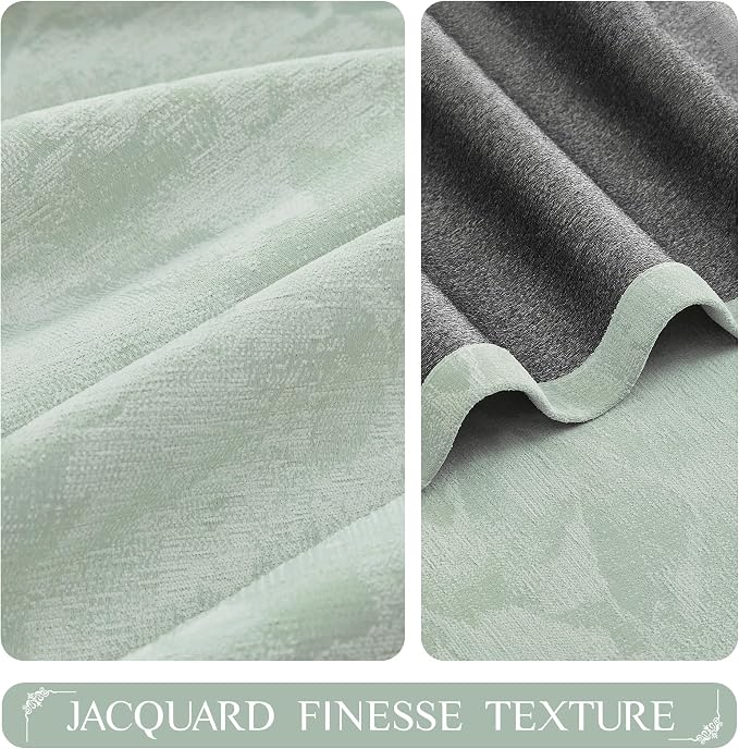 Beauoop Green Floral Jacquard Blackout Curtains for Bedroom 52x90 2 Panels | Flower Chenille Room Darkening Drapes for Living Room 90 Inch Long Thermal Insulated Soundproof Window treatment Rod Pocket