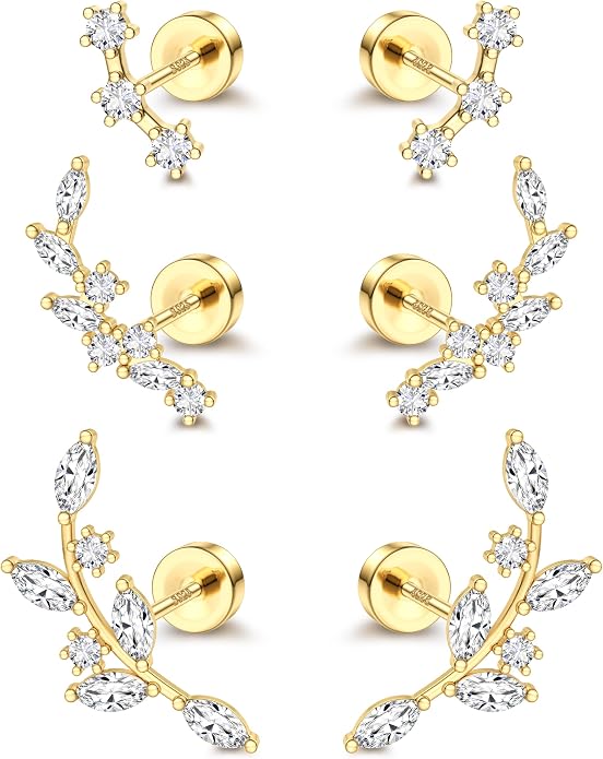 ORAZIO 925 Sterling Silver Flat Back Stud Earrings for Women Hypoallergenic 14K Gold Plated Cartilage Earrings for Sensitive Ears Small CZ Opal Conch Helix Tragus Piercing Jewelry 3 Pairs 20G