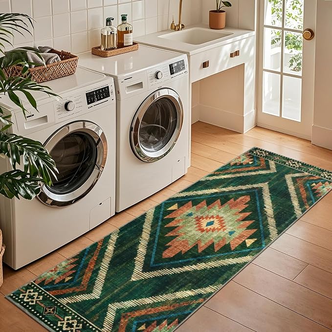 Runner Rugs for Hallway Boho 2x6Ft Non Slip, Green Moroccan Washable Farmhouse Kitchen Rug Runner Non Slip, Soft Geometric Bedroom Entryway Floor Carpet for Entrance Home Decor