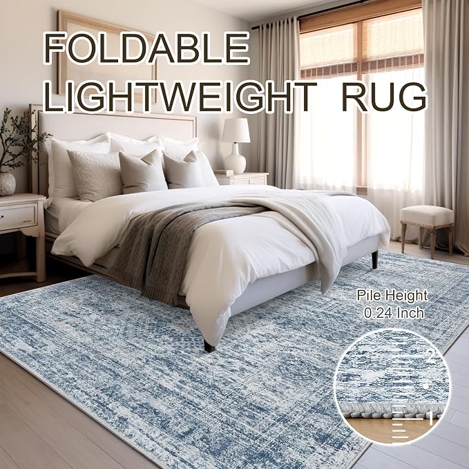 Soalmost 5x7 Area Rugs Blue Low Pile Indoor Washable Trendy Faded Style Rugs for Bedroom Living Room Dining Room Foldable Non-Slip Thin Print Mat