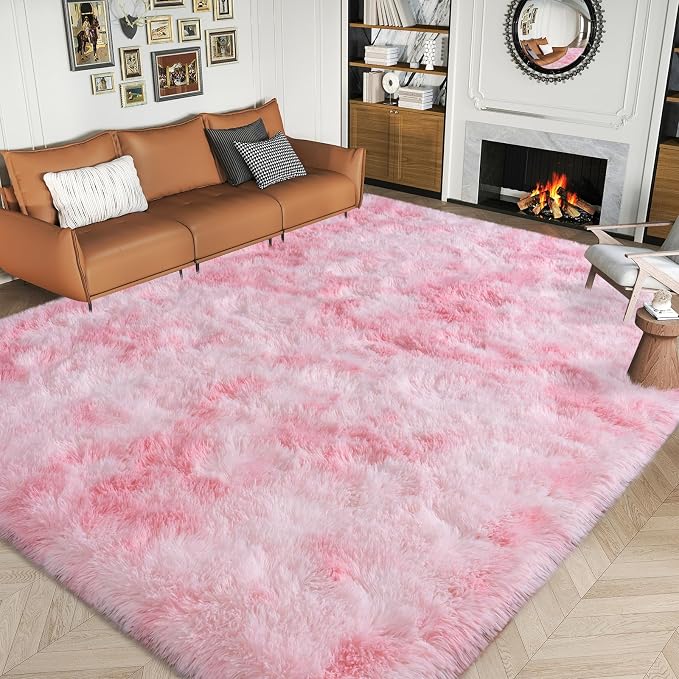 Dssimo Pink and White Rug for Living Room Bedroom,6x9 Soft Shaggy Area Rug | Upgrade Non-Slip Large Pink Fuzzy Rug for Girls Nursery Kids Room Dorm Room Home Decor, Indoor Plush Floor Carpet