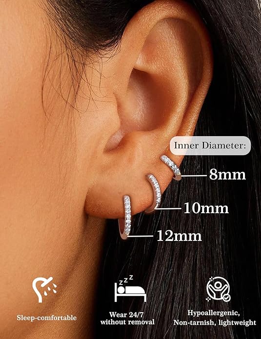 3 Pairs Small Huggie Hoop Moissanite Earrings for Women Men, Hypoallergenic 925 Sterling Silver Cartilage Earrings, Gifts Jewelry Set