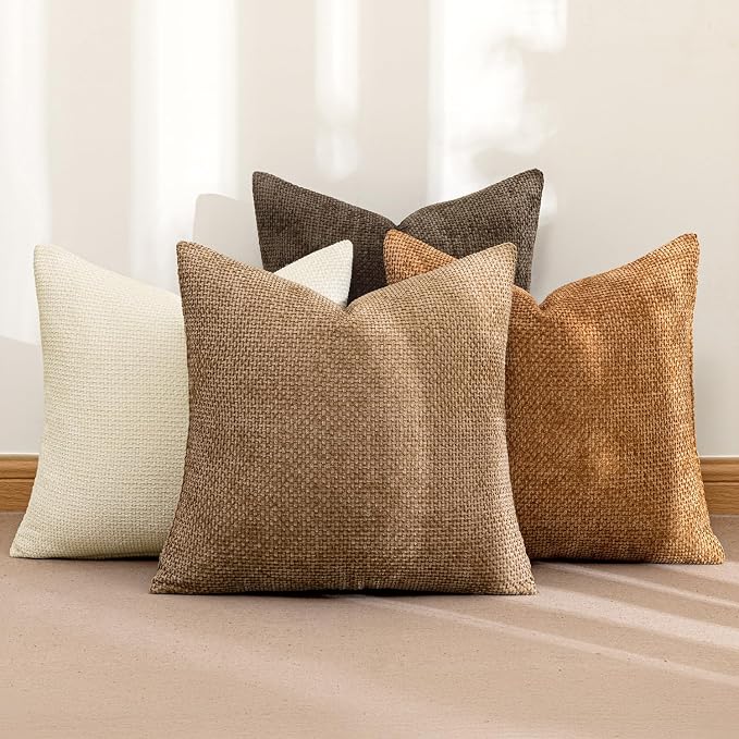 MIULEE Pack of 4 Brown Couch Throw Pillow Covers 18x18 Inch Soft Decorative Chenille Pillows Farmhouse Accent Cushions for Boho Fall Home Decor Sofa Bedroom Living Room