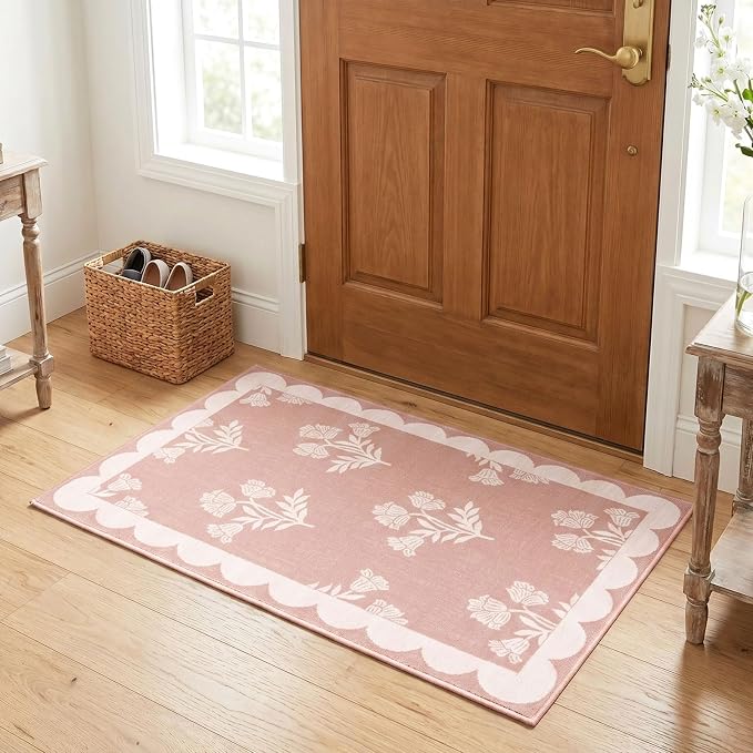 Pink Boho Bathroom Rug - 2x3 Scalloped Floral Girls Bedroom Rugs Soft Boho Runners for Hallways Small Accent Throw Rugs for Bedroom Entryway Kitchen Laundry Room Powder Room Dorm Bedside