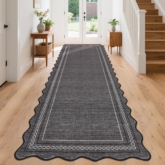 GarveeHome Scalloped Washable Runner Rug 2x8 Entry Rug Non Slip, Black | Kitchen Rugs Runner Farmhouse Black Low Pile Hallway Rugs Stain Resistant Carpet for Bathroom Laundry Room