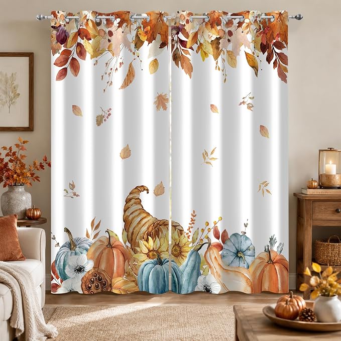 Harvest Pumpkin Window Curtains 52 x 63 in, Watercolor Fall Drapes with Cornucopia, Autumn Leaves and Blue Pumpkin Farmhouse Decor for Bedroom Living Room