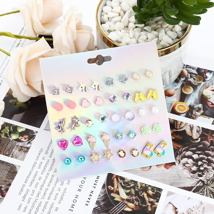 NEWITIN 100 Pairs Colorful Cute Earrings for Girls Sensitive Ears Hypoallergenic Girl Stud Earrings Set Stainless Steel Cartoon Stud for Girls and Women