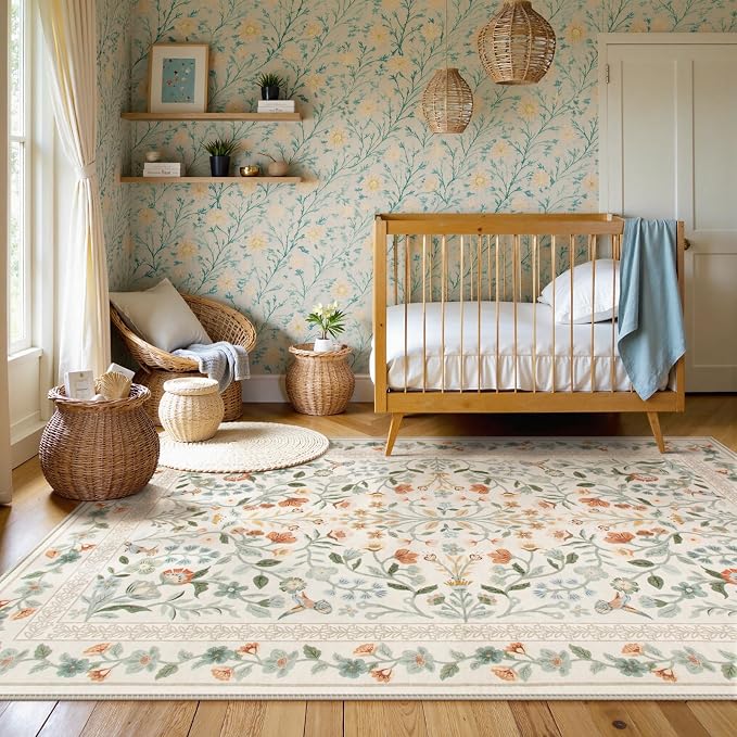 Lahome Floral Washable Area Rug 5x7, Vintage Non Slip Carpet for Living Room Bedroom, Low-Pile Soft Boho Rug for Kids Room Nursery, Machine Washable Home Decor, Beige
