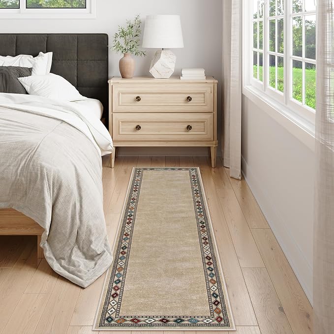 Lahome Modern Bordered Hallway Runner, 2.5x8 Rug Non-Slip Washable Kitchen Runner Rugs Non Skid Washable Ultra-Thin Soft Carpet for Hallways Bathroom Laundry Bedroom (2.5'x 8',Beige)