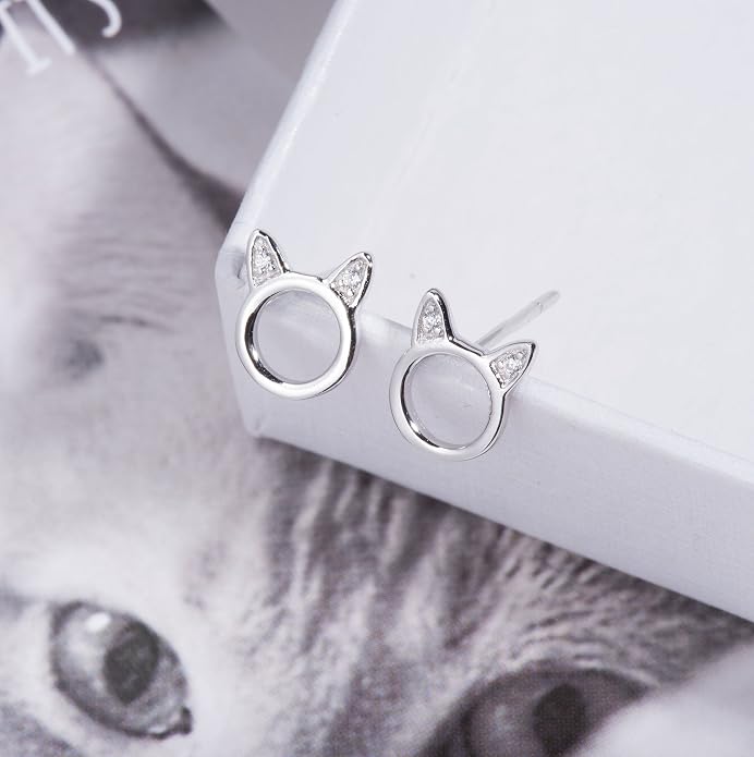 Cat Stud Earrings for women Sterling Silver Hypoallergenic Tiny Small Cute Gold Plated Cubic Zirconia Earrings for Women Girls Birthday Gifts