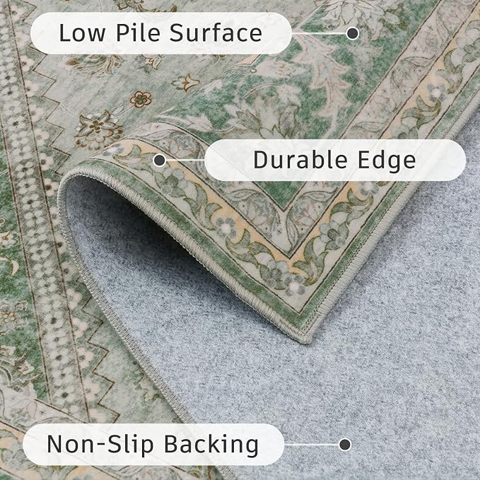 DCX Green 9x12 Area Rug, Machine Washable Non Slip Stain Resistant Vintage Rug for Living Room, Bedroom, Playroom, Soft Low Pile Large Nursery Carpet