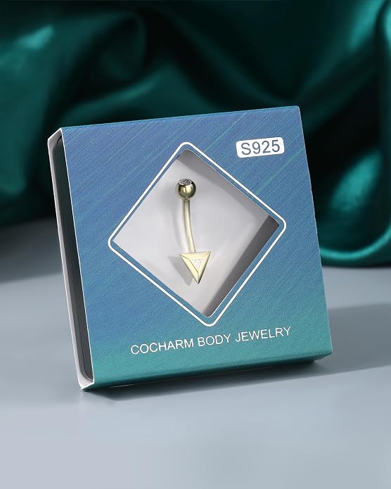 COCHARM 14K Gold Plated925 Sterling Silver Belly Button Ring Gold Filled Triangle Belly Navel Ring Cute 14g Unique Belly Piercing Jewelry For Women Men Mini Belly Bar Nickel Free