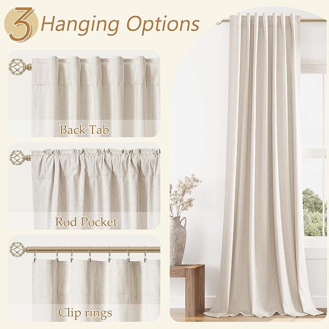 Guken 100% Blackout Linen Curtains 105 Inch Length 2 Panels Set for Living Room Bedroom Back Tab Thermal Insulated Black Out Drapes Room Darkening Farmhouse Style for Bedroom Window Curtains 52x105