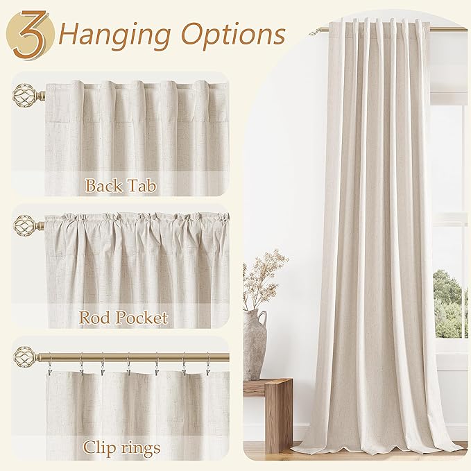 Guken 100% Blackout Linen Curtains 108 Inch Length 2 Panels Set for Living Room Bedroom Back Tab Thermal Insulated Black Out Drapes Room Darkening Farmhouse Style for Bedroom Window Curtains