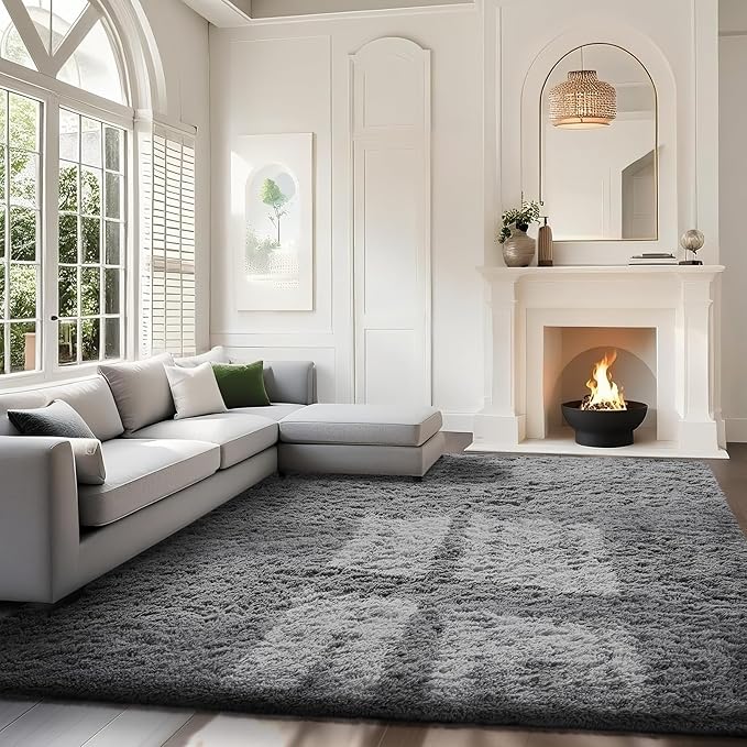 Ophanie 8x10 Area Rugs for Living Room,Upgrade Non-Slip Fluffy Soft Large Shag Bedroom Carpet,Deep Grey Big Indoor Thick Rug,Gray Carpets for Boy and Girls Room Decor with Over 99 pcs Pile fibers