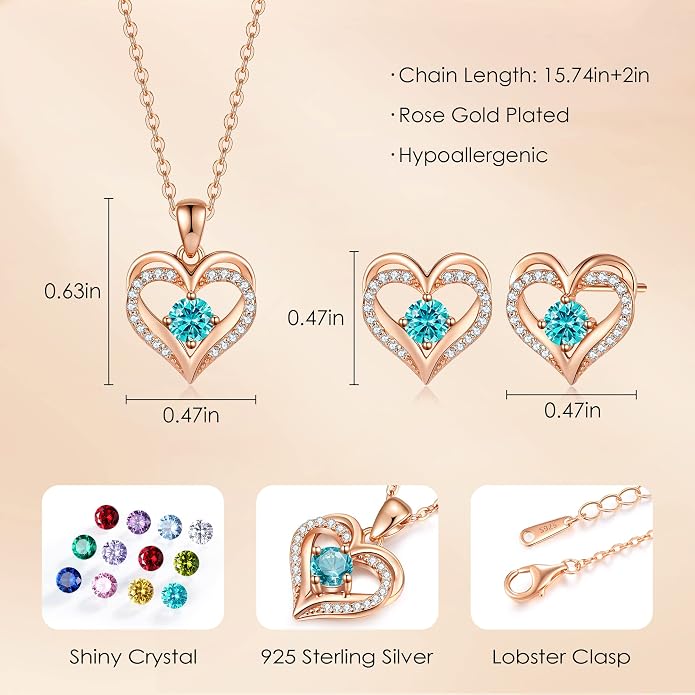 CDE Jewelry Sets for Women Love Heart Pendant Necklaces Earrings, 925 Sterling Silver with Birthstone Zirconia, Birthday Jewelry Gift for Wife Girlfriend Her
