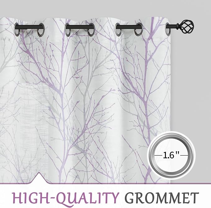 FMFUNCTEX Linen Lilac White Semi Sheer Print Curtains 84 Inch Long 2 Panels | Branch Sheer Patterned Drapes, Light Filtering Grommet Panels for Bedroom, Living Room, Basement, and Farmhouse Curtain