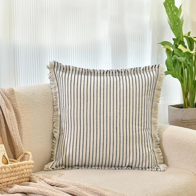ZWJD Throw Pillow Covers 26x26 Set of 2 Striped Pillow Covers with Fringe Chic Cotton Decorative Pillows Square Cushion Covers for Sofa Couch Bed Living Room Farmhouse Decor, (Navy)