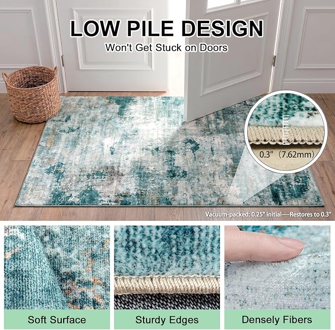 Stain Resistant Abstract Area Rug, 0.3" Low Pile, Non-Slip Cotton-Backed with Silicone Backing, Boho Bedroom Living Room Decor, 3'x5', Sage Green