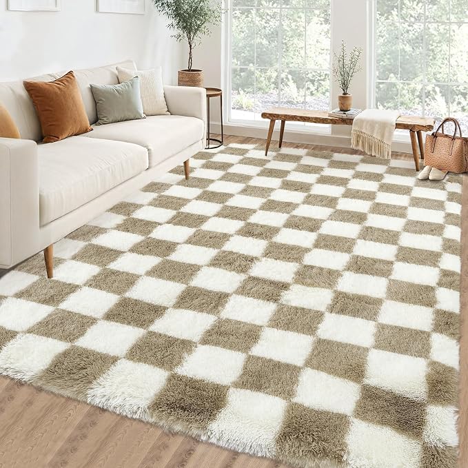 Garvee Checkered Area Rug 10x13 Large Rug Thick Super Soft Shaggy Rugs Fluffy Carpet Fluffy Fuzzy Shag Washable Rugs for Living Room Nursery Bedroom Luxury Playroom Teen Plush Carpets,Taupe-White