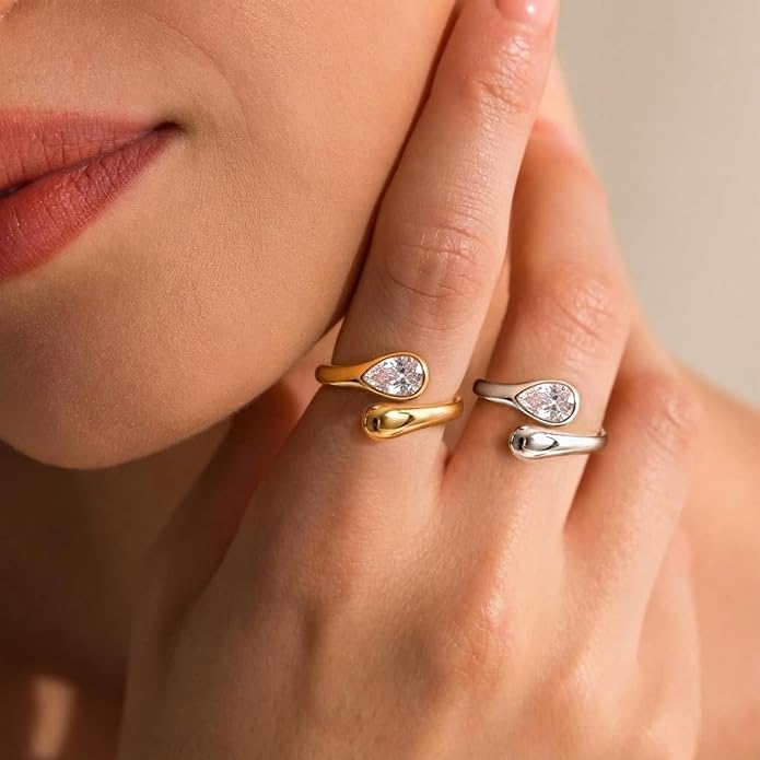 Non Tarnish Gold Chunky Rings for Women, 14K Gold Plated Statement Dome Rings Stacking Silver, Adjustable Mens Eternity Wedding Band Mixed Metal Jewelry Size 3-13