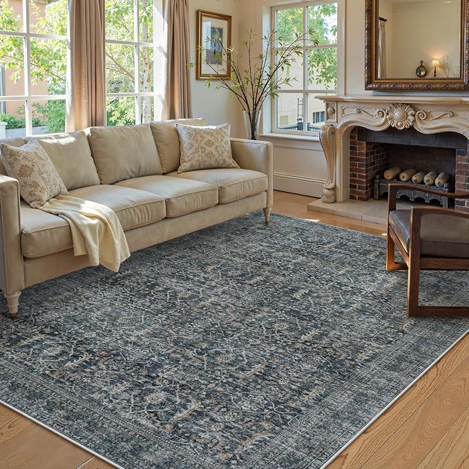 Collive Washable Area Rug 6x9, Large Vintgae Distressed Rugs for Living Room Soft Rugs for Bedroom, Non Slip Ultra-Thin Dining Room Floor Carpet for Entryway Kitchen Office - Blue/Grey