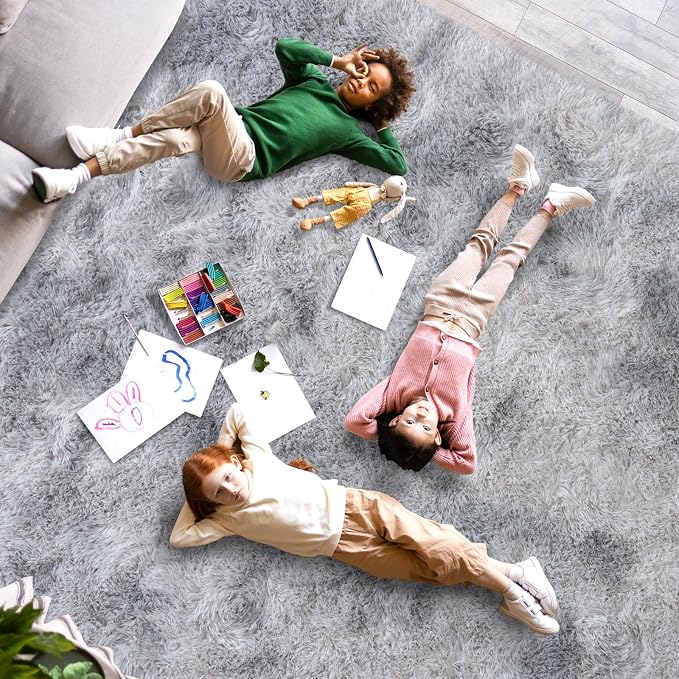 Dssimo 9x12 Area Rugs for Living Room, Gray Tie-Dyed Plush Fluffy Carpet | Upgrade Non-Slip Thick Large Gray Shag Rugs for Bedroom Nursery Kids Room Dorm Room Home Decor, Indoor Plush Floor Carpet