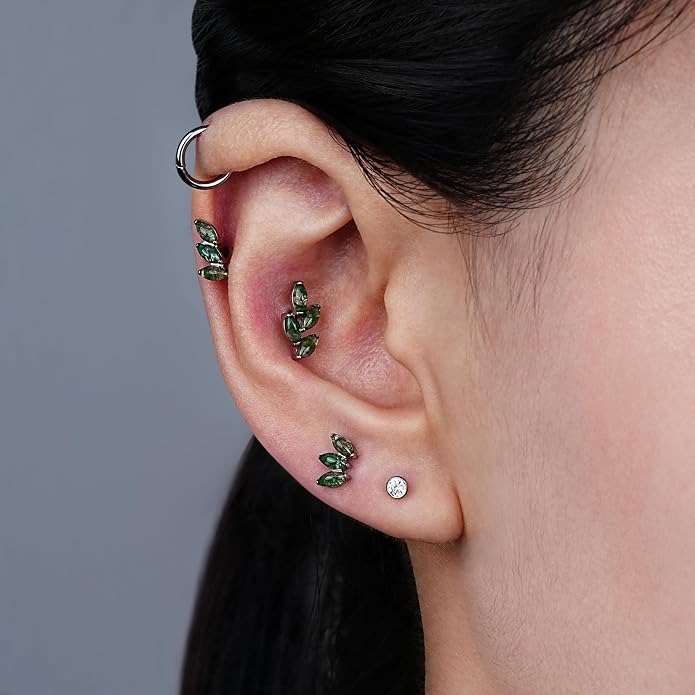 FINE4U 16G Moss Agate Body Piercing Jewelry for Helix Flat Tragus Lobe 16G 6mm 8mm - ASTM F136 Titanium Screw on Flat Back Stud, Hypoallergenic Cartilage Earring