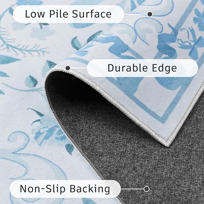 DCX Washable 9x12 Bow Rug, Blue Floral Rug for Girls’ Bedroom, Cute Soft Low Pile Indoor Décor Carpet, Kid & Pet Friendly Nursery Rug for Living Room, Dorm, Playroom