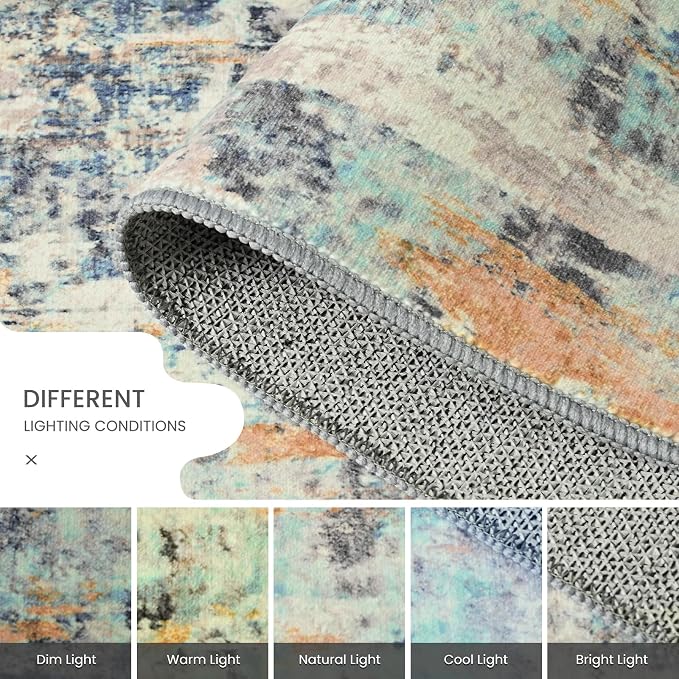 Ompaa Living Room Rug 8x10 Blue Area Rugs Machine Washable Abstract Boho Large Carpet Non-Slip Non-Shedding Faux Wool Indoor Vintage Rugs for Bedroom, Classroom, Dining Room, Kids Playroom