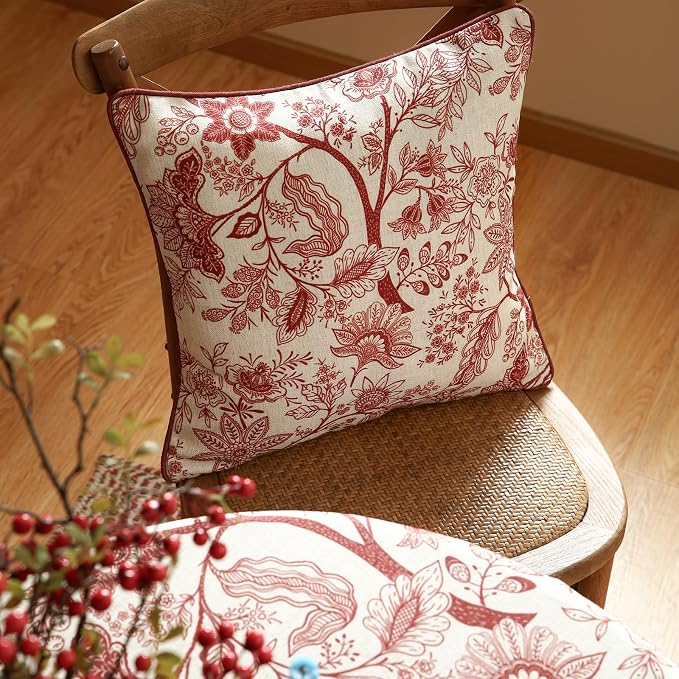 ISAENNE Designer Linen Square Throw Pillow Cover,Set of 2,18"x18"-Ruyi A | Vintage French Elegant Pillow Cover,Concealed Zipper Design,Red Floral Pattern,Sofa,Bedroom,Living Room,Lounge Chairs