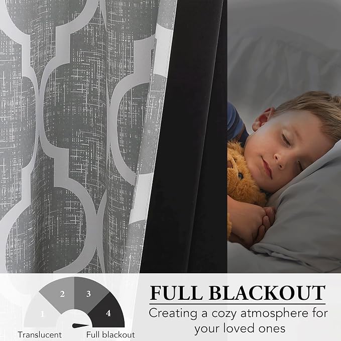 Beauoop Moroccan 100% Blackout Curtains Bedroom Grey 50x108 2 Panels | Geometric Room Darkening Drapes for Living Room 108 Inch Long Thermal Insulated Soundproof Lattice Window Treatment Grommet